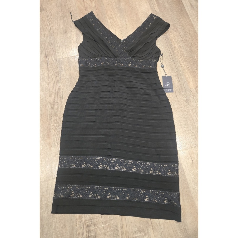 Black Lace Dress Womens 10 Pintucked Smocked Textured V Neck Adrianna Papell‎